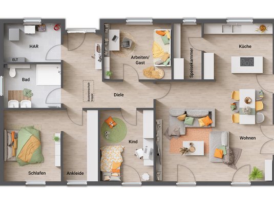 Grundriss des Bungalow 131 in der individuellen Variante 2, mit praktischer Hauseingangsnische, geräumiger Garderobe, Speisekammer direkt an der Küche und zwei großzügigen Schlafräumen.