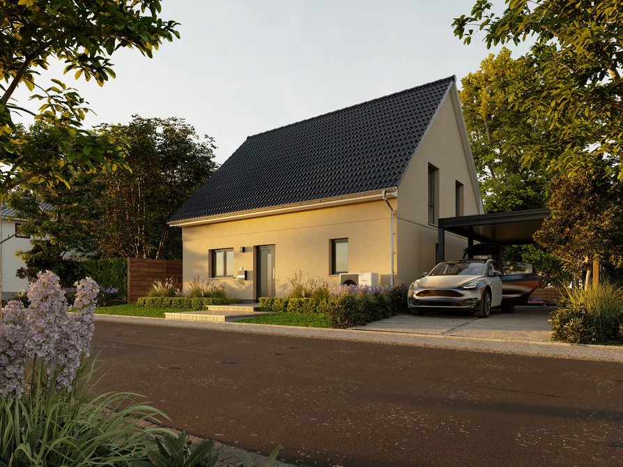 Von der Straße aus bietet das Einfamilienhaus Edition Clever 138+ mit farbiger Fassade, optionalem Carport, Wärmepumpe für Nachhaltigkeit und modernem Anthrazit-Satteldach ein zeitgemäßes Erscheinungsbild.